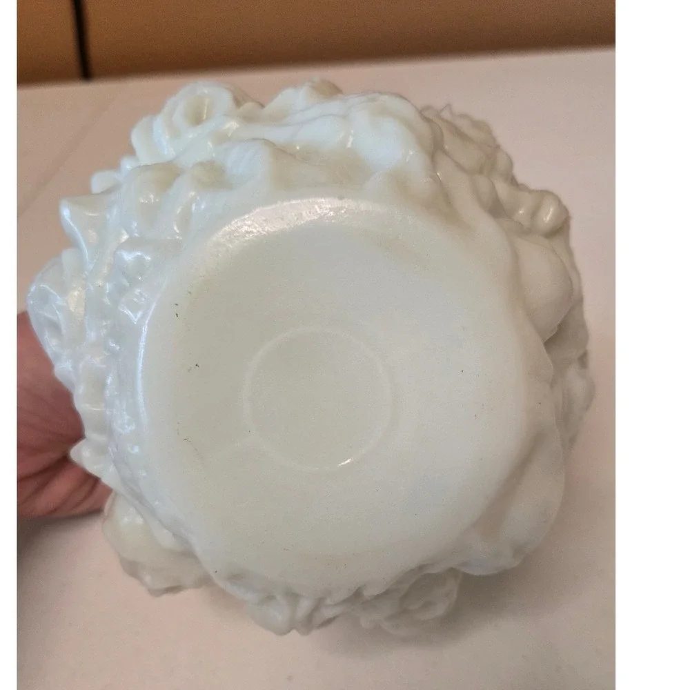 Vintage White Milk Glass Rose Bud Vase Embossed Floral Globe 4.5 inch